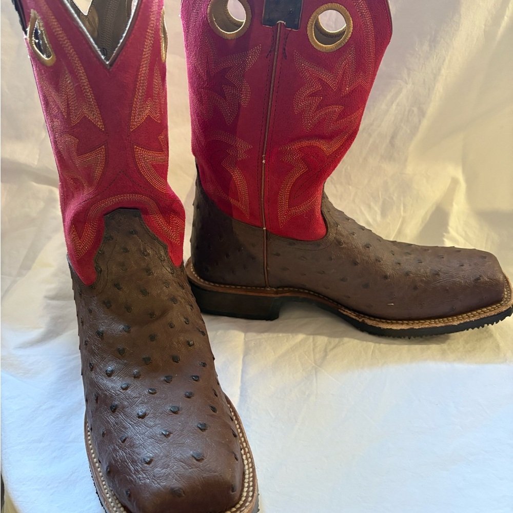 Double H Brown and Red Ostrich Western Boots